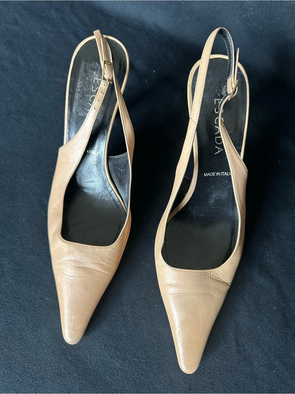 Escada Camel Tan Pointed-Toe Slingback Stiletto Heels 38.5 made in Italy